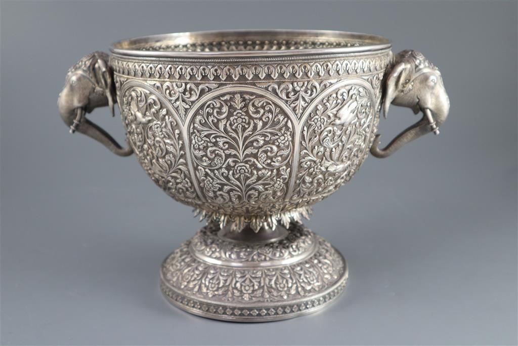 A fine Indian silver pedestal rose or small punch bowl by Oomersee Mawjee, Bhuj, Kutch, c.1900,